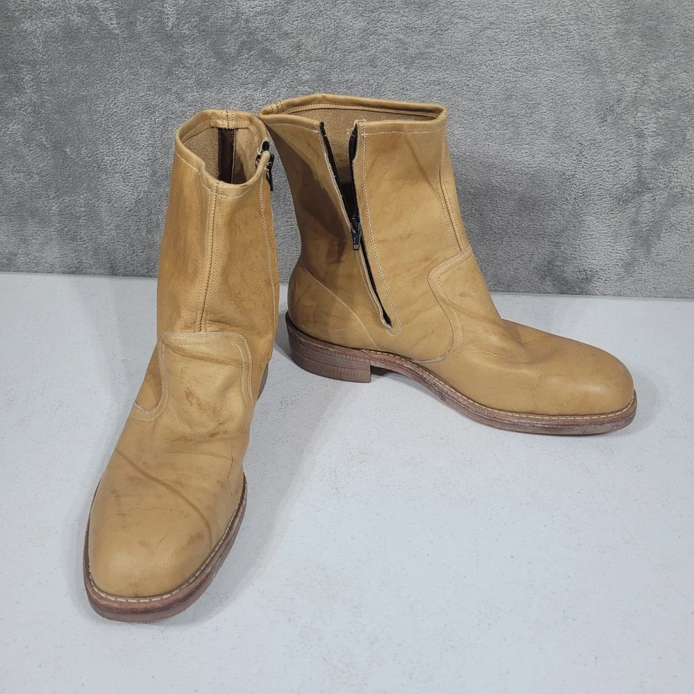Vintage HY-TEST Mens 12 Tan Anchor Flange Leather Steel Toe Side Zip Boots H732